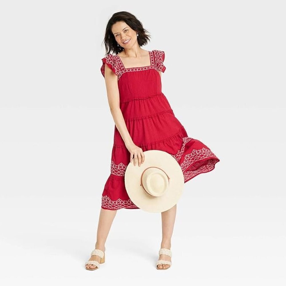 Knox Rose Womens Ruffle Sleeve Square Neck Midi Dress Size M Tiered Red …